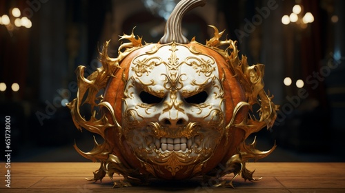 A pumpkin transformed into an elegant, Baroque-style mask.
