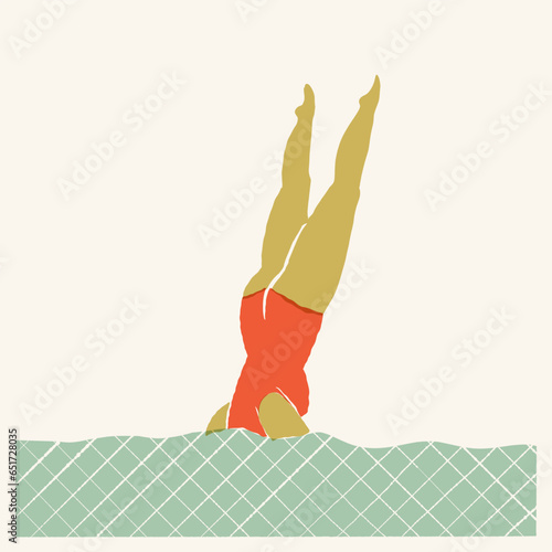 Retro swimmer jumping in the pool, synchronized swimmer diving into the water. Vector vintage mid-century art print.