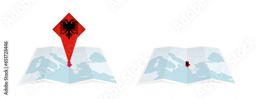 Two versions of an Albania folded map, one with a pinned country flag and one with a flag in the map contour. Template for both print and online design.