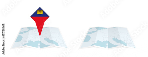 Two versions of an Liechtenstein folded map, one with a pinned country flag and one with a flag in the map contour. Template for both print and online design.