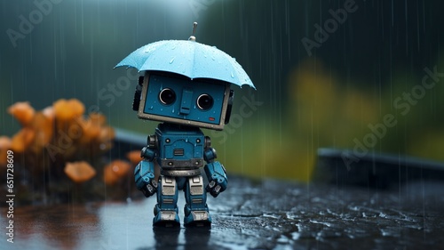 Cute little yellow robot standing down rain image AI generated art