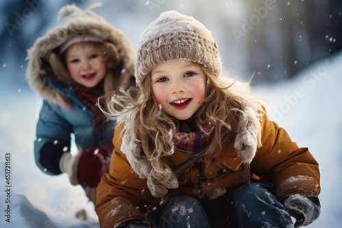 Kids winter vacation time in winter, carefree childhood, happy time , having fun in the snow, sledding, sculpting a snowman, playing in nature, joy and fun , children spend time together .