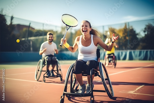 Empowering Active Lives: Woman in Wheelchair Enjoying Tennis with Friends © antonivano