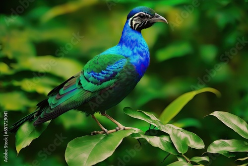 Blue and green colored bird sitting on a tree with an open feathers  leaves on background  generative ai