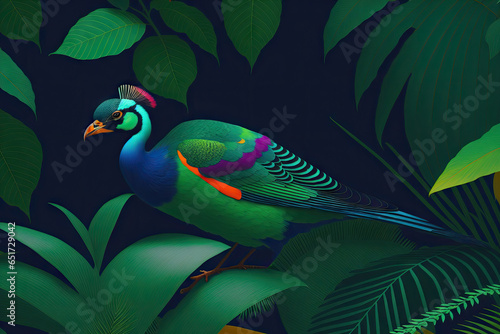 Blue and green colored bird sitting on a tree with an open feathers, leaves on background, generative ai