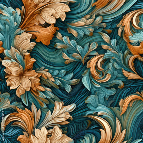 Natural embroidery fantasy rococo flowing seamless pattern, AI Generated