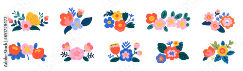 Trendy floral bouquet illustration set. Colorful hand drawn style flower on isolated background. Spring nature doodle collection. Wedding flowers symbol, romantic graphic bundle.