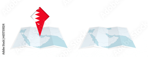 Two versions of an Bahrain folded map, one with a pinned country flag and one with a flag in the map contour. Template for both print and online design.