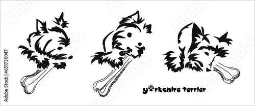 Logo of a small dog breed Yorkshire terrier. A dog chewing on a large bone. Animal Gestalt Design