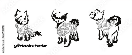 Logo of a small dog breed Yorkshire terrier. Standing dog in a knitted sweater. Animal Gestalt Design