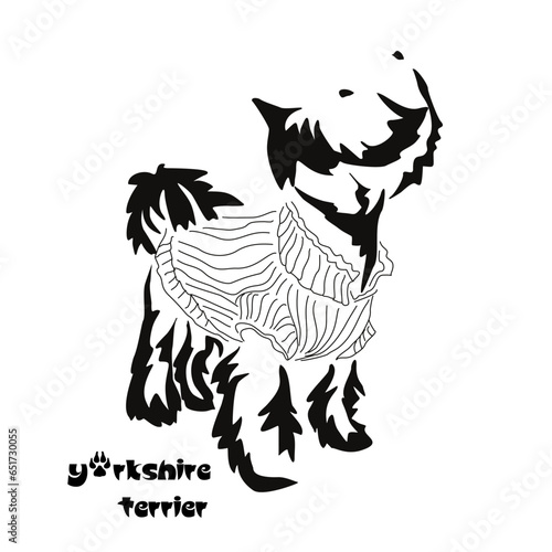 Logo of a small dog breed Yorkshire terrier. Standing dog in a knitted sweater. Animal Gestalt Design