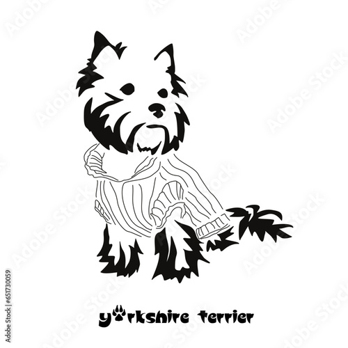 Logo of a small dog breed Yorkshire terrier. Standing dog in a knitted sweater. Animal Gestalt Design
