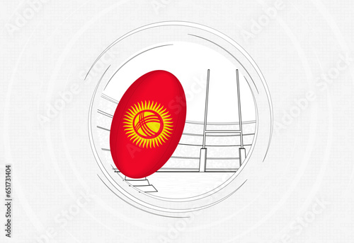 Kyrgyzstan flag on rugby ball, lined circle rugby icon with ball in a crowded stadium. photo