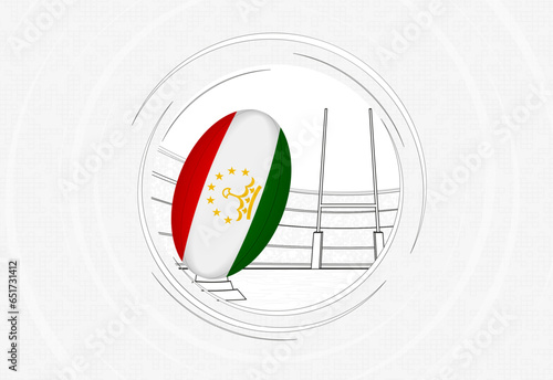 Tajikistan flag on rugby ball, lined circle rugby icon with ball in a crowded stadium. photo