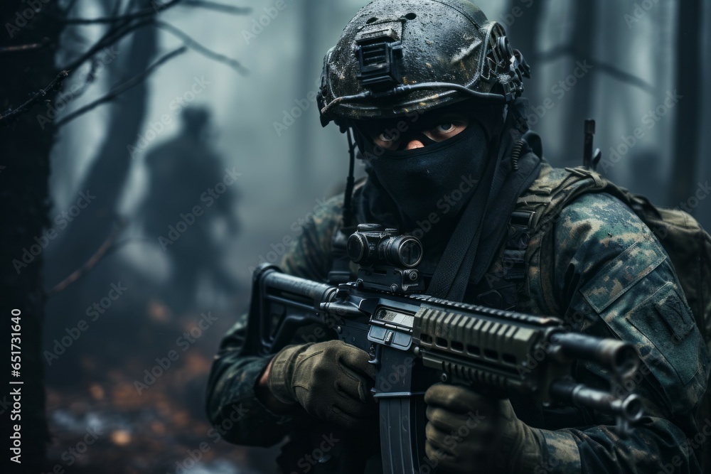 Military man on a special operation or war. Portrait with selective focus and copy space Military man on a special operation or war. Portrait with selective focus and copy space