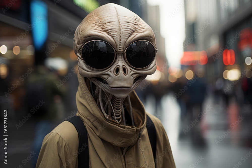 Alien or stranger on the street of the city. Portrait with selective focus and copy space Alien or stranger on the street of the city. Portrait with selective focus and copy space
