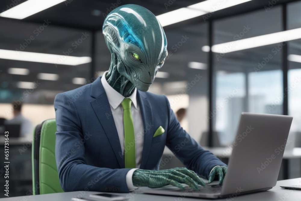 Alien with a laptop. Portrait with selective focus and copy space Alien with a laptop. Portrait with selective focus and copy space