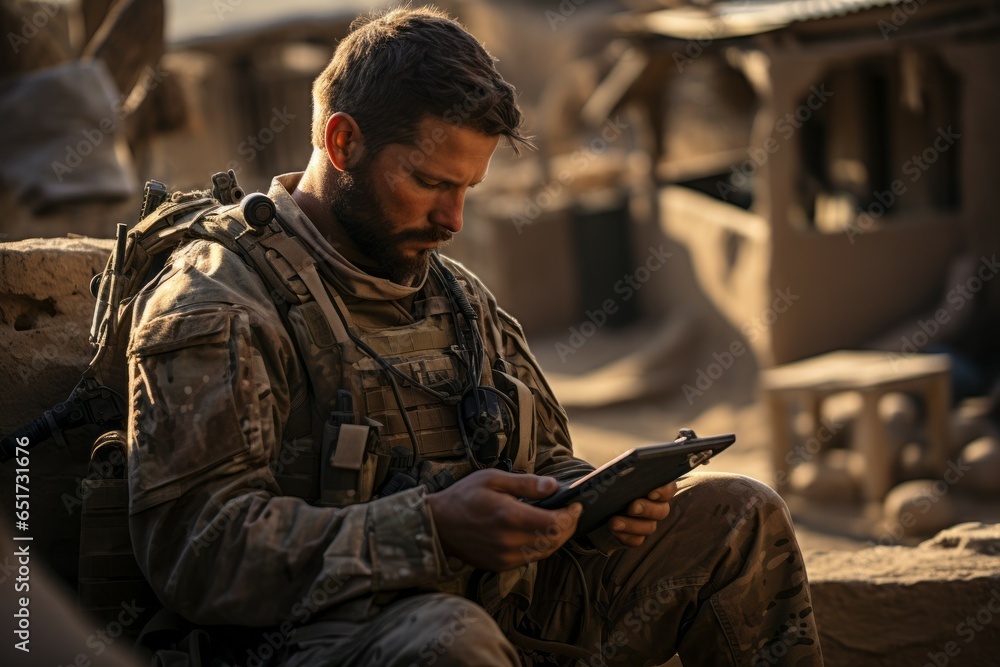 Military drone operator. Background with selective focus and copy space Military drone operator. Background with selective focus and copy space