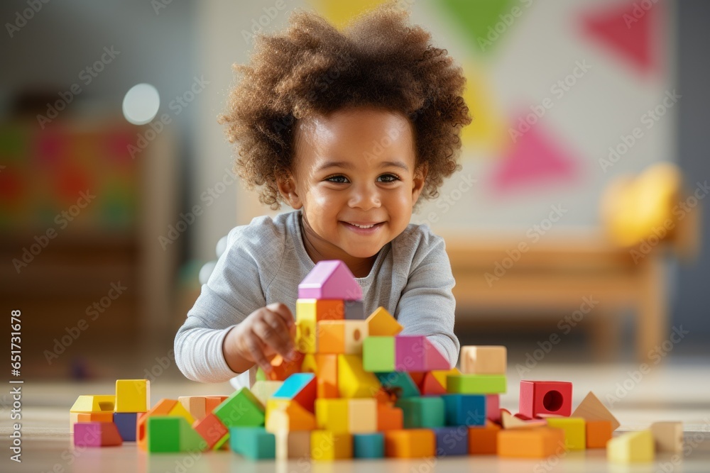 A child plays with toy blocks. Portrait with selective focus and copy space A child plays with toy blocks. Portrait with selective focus and copy space