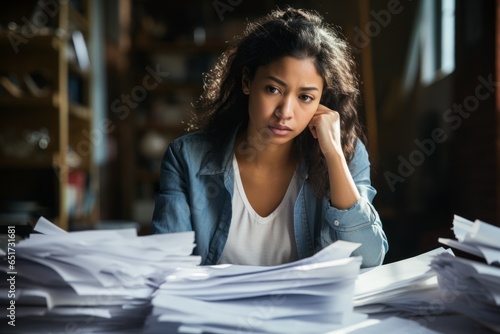 Sad woman with unpaid bills. Debt concept. Background with selective focus and copy space