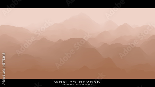 Abstract beige landscape with misty fog till horizon over mountain slopes. Gradient eroded terrain surface. Worlds beyond.