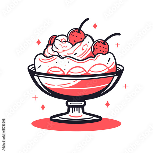 Ice cream bowl vector icon in minimalistic, black and red line work, japan web