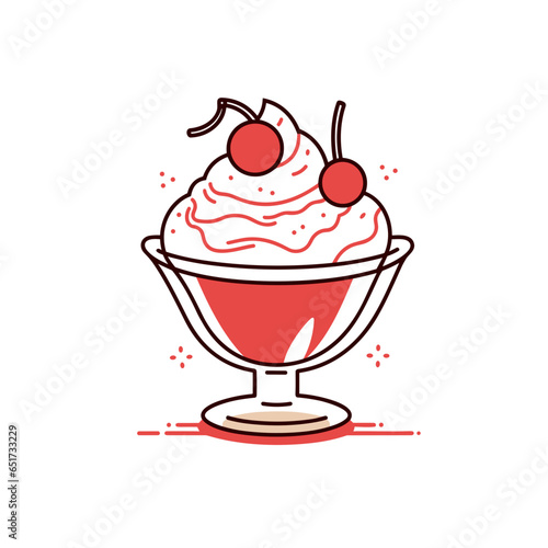 Ice cream bowl vector icon in minimalistic, black and red line work, japan web