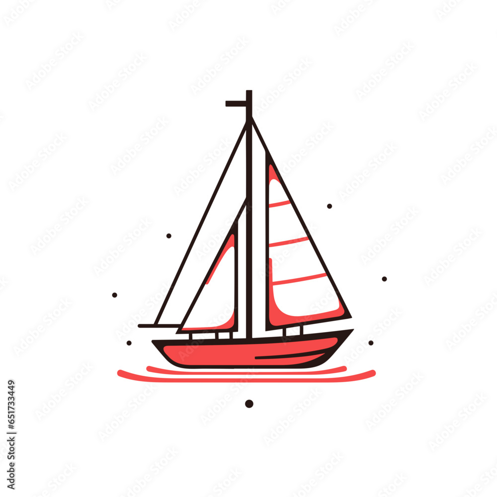 Sailboat vector icon in minimalistic, black and red line work, japan web