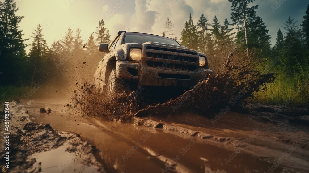 Photo of a muddy truck driving through the forest