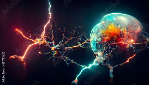 abstract glass acurate brain neural network moody sci fi neon lightning cloudy water inner glow lightning dark background octane render macro particles 