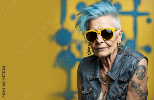 Older woman with blue painted punk hairstyle and jacket, strong personality and unique expression