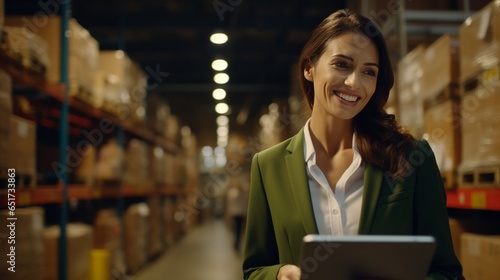 Photo of a woman in a warehouse holding a tablet