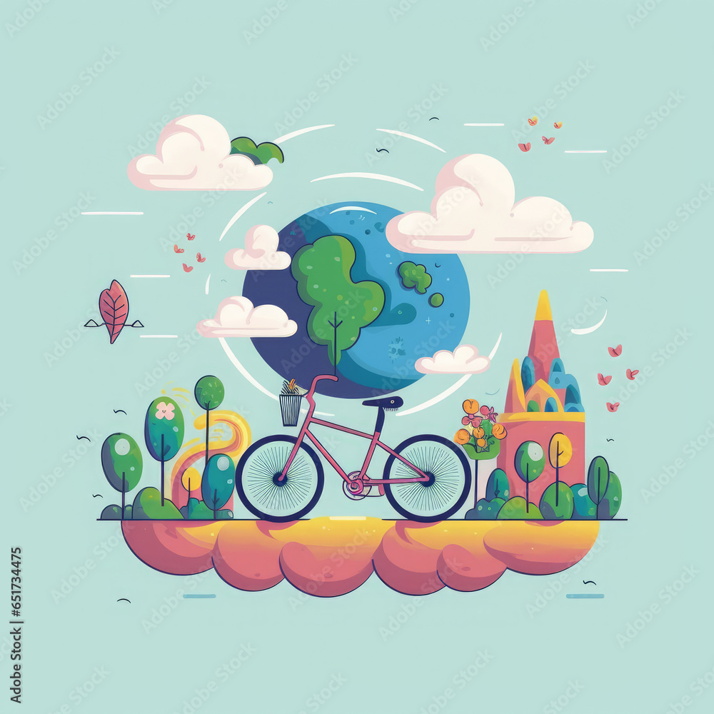 Fototapeta premium World bicycle day hand drawn flat illustration concept illustration, flat vector art, flat icon AI Generated