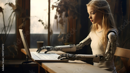 A beautiful girl works at a laptop with artificial prosthetic hands. Disabled girl typing text.