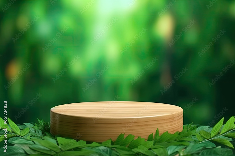 Wooden product display podium with blurred nature leaves on green background 3d rendering Wooden product display podium with blurred nature leaves on green background 3d rendering