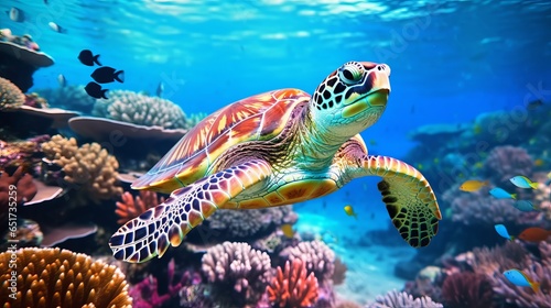 Photo of a green turtle swimming gracefully over a vibrant coral reef