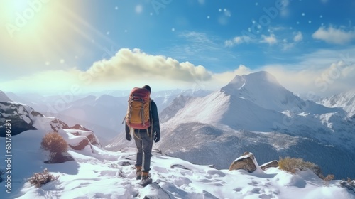 Photo of a hiker trekking through a snowy mountain landscape with a backpack