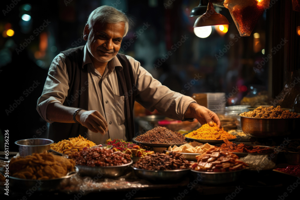 A vendor selling traditional Indian sweets and snacks at a bustling Diwali market. Generative Ai.