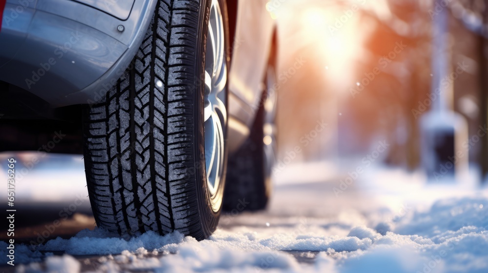 Photo of a car tire covered in snow
