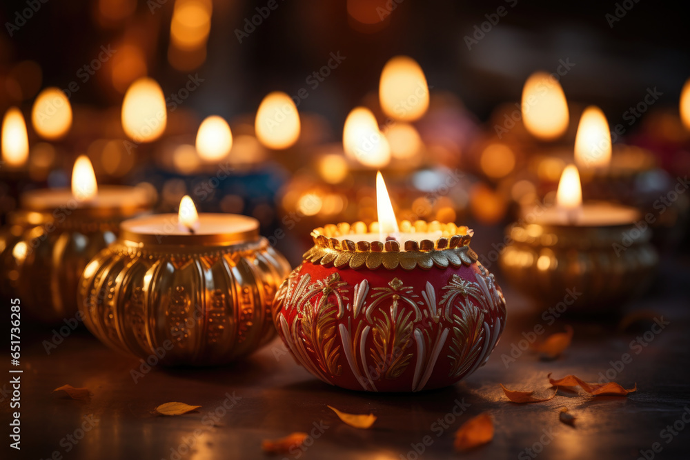 A close-up of decorative and ornate Diwali candles and holders. Generative Ai. A close-up of decorative and ornate Diwali candles and holders. Generative Ai.
