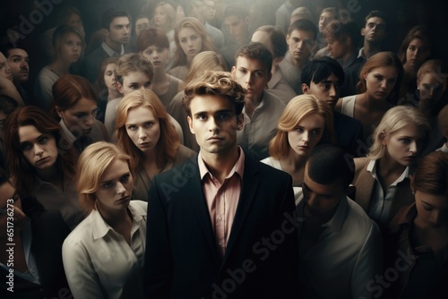 Cancel culture concept. A young man surrounded by many women. A young man in a suit looks at the camera.