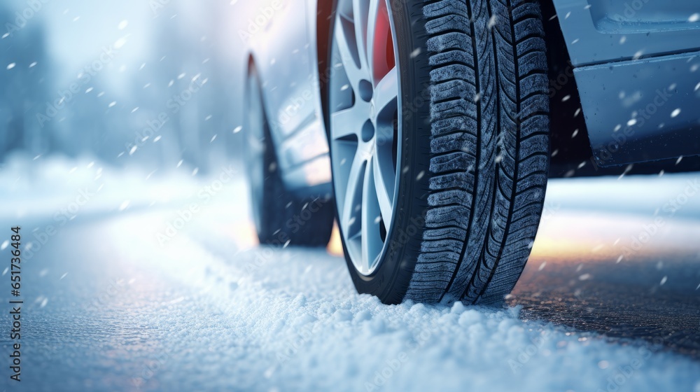Photo of a car tire on a snow-covered road