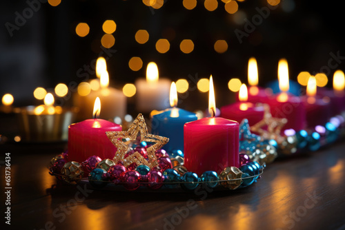 A creative Hanukkah craft project involving colorful candles and decorations. Generative Ai.