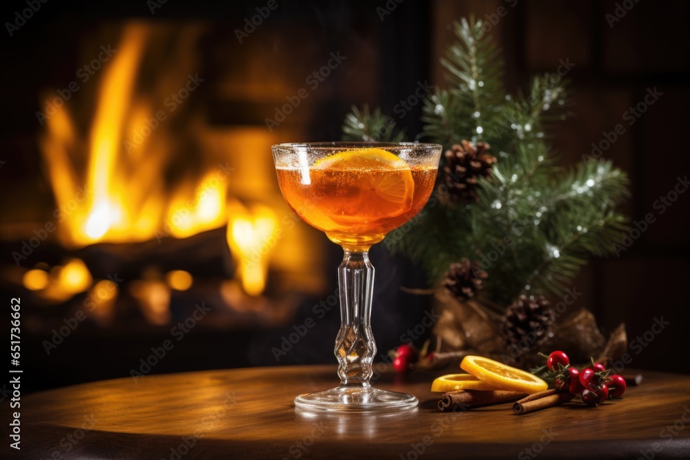 Christmas cocktail in glass on wooden background. Hot fireplace. New Year's Christmas atmosphere.