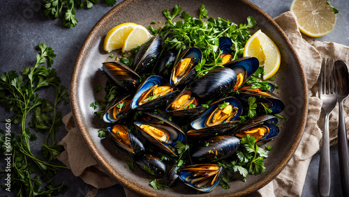 Cooked mussels, lemon, parsley in a plate