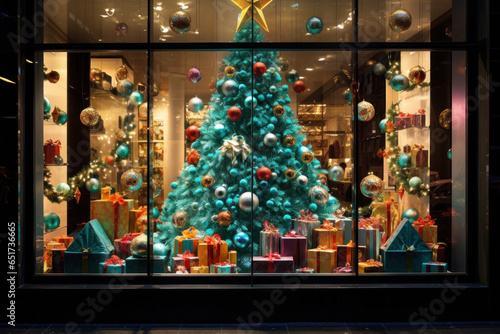 Christmas store window. The Christmas tree is decorated with various toys. New Year's sales.