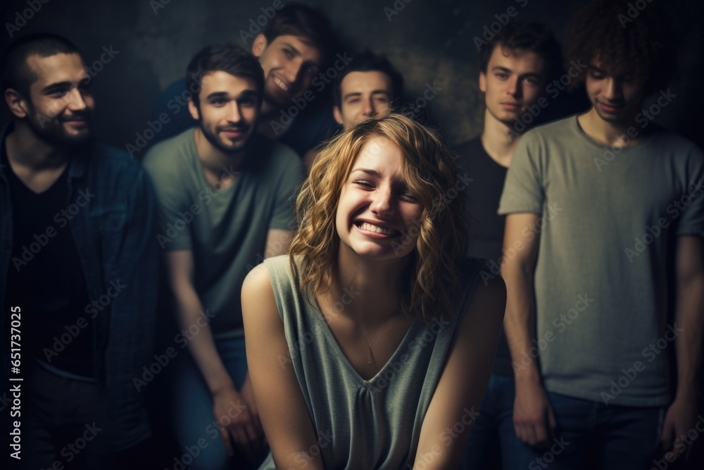Free independent woman smiling against background of men Free independent woman smiling against background of men