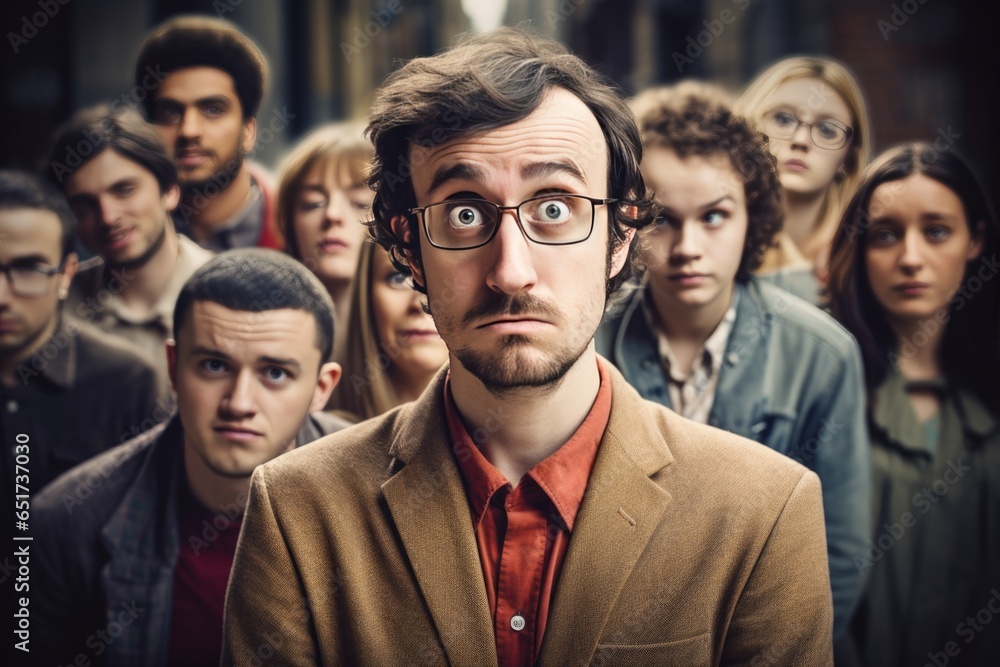 Concept of cancellation, dot, man who is ignored by other people. Shocked young man with glasses. Concept of cancellation, dot, man who is ignored by other people. Shocked young man with glasses.