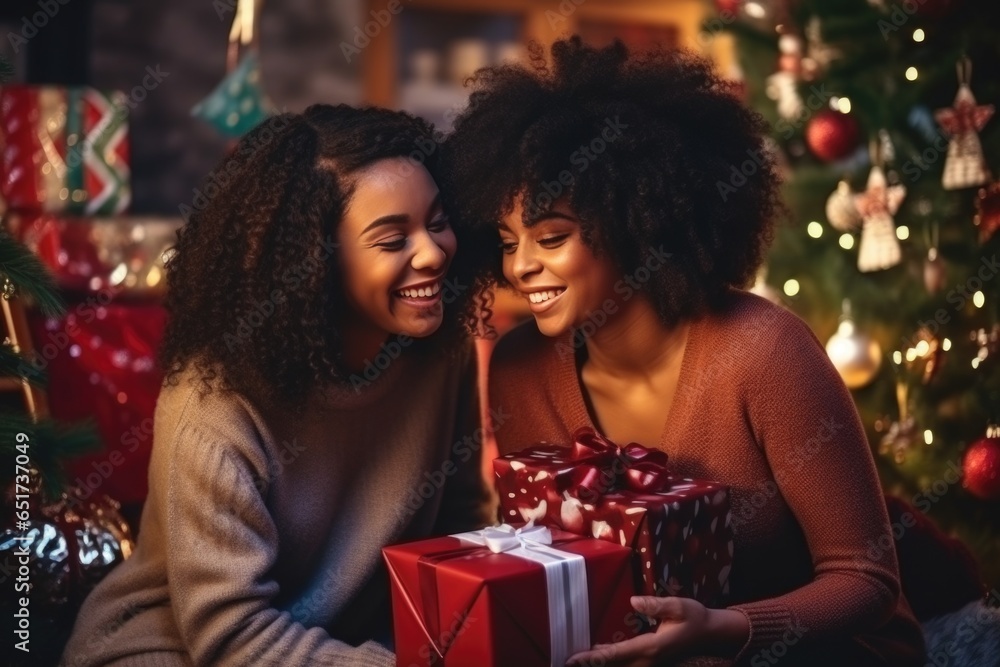 Happy couple of young lesbians, LGBT, mulatsky appearance, give each other gifts for New Year, New Year's background, Christmas mood. Happy couple of young lesbians, LGBT, mulatsky appearance, give each other gifts for New Year, New Year's background, Christmas mood.