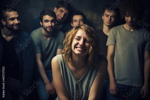 Free independent woman smiling against background of men